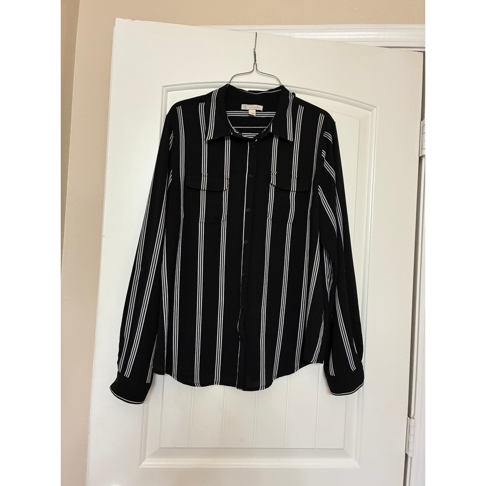 Black White Striped Button Down Blouse Roll Tab Sleeve Size L
